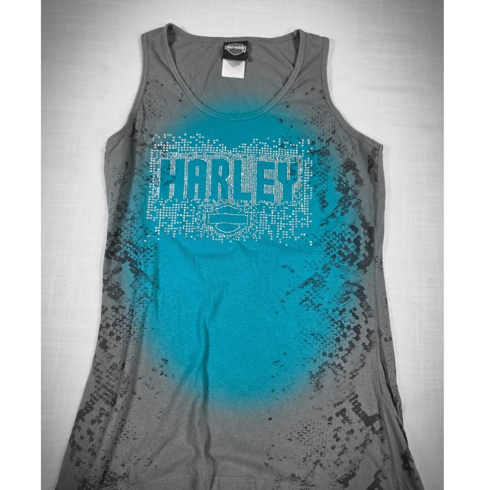 Harley-Davidson Womens Rhinestone Tank Top Gray Teal Snakeskin Texoma Texas XL